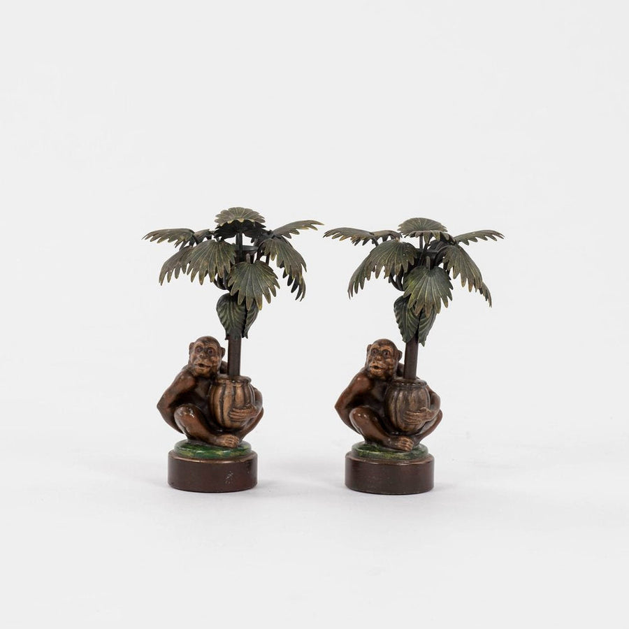 Pair Vintage Tole Monkey Palm Tree Candlesticks