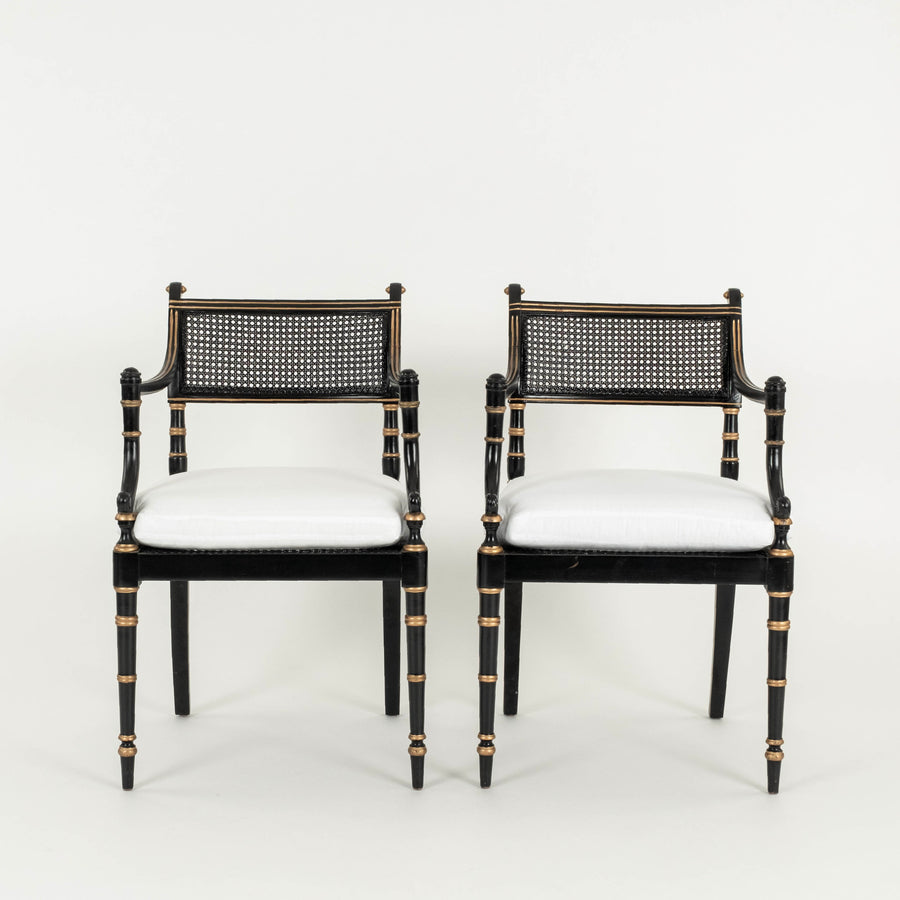 Pair Regency Style Black Gold Armchairs
