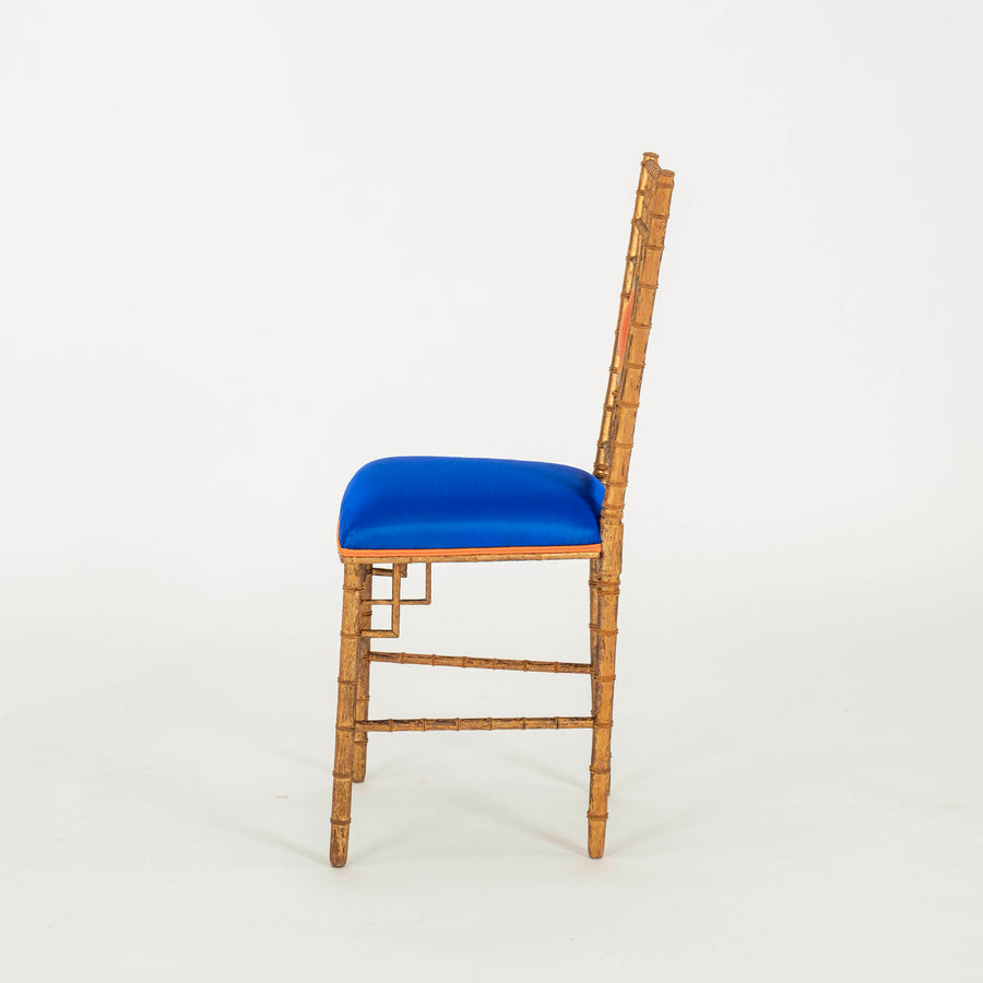 Napoleon III Electric Blue Silk Giltwood Bamboo Chair