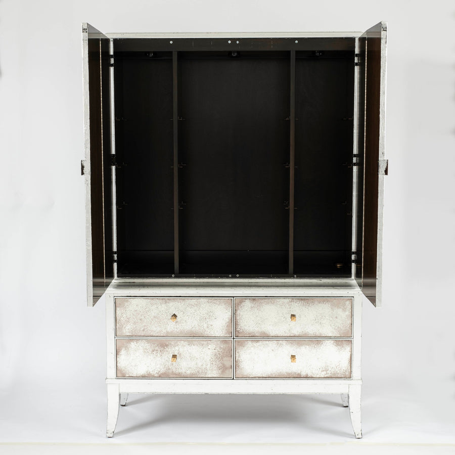 Custom Antiqued Mirrored and Silver Leaf Cabinet
