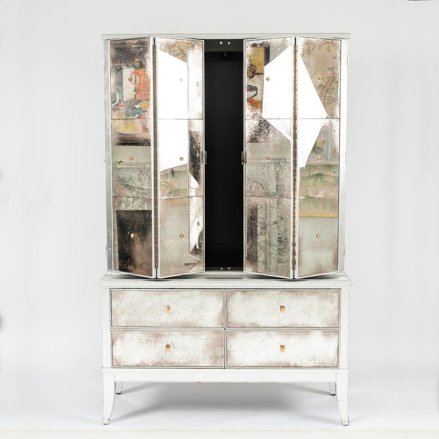 Custom Antiqued Mirrored and Silver Leaf Cabinet