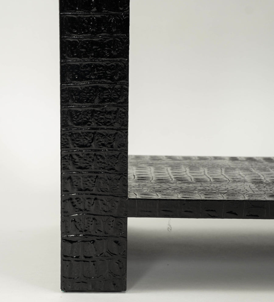 Black Crocodile Embossed Leather Glass Console