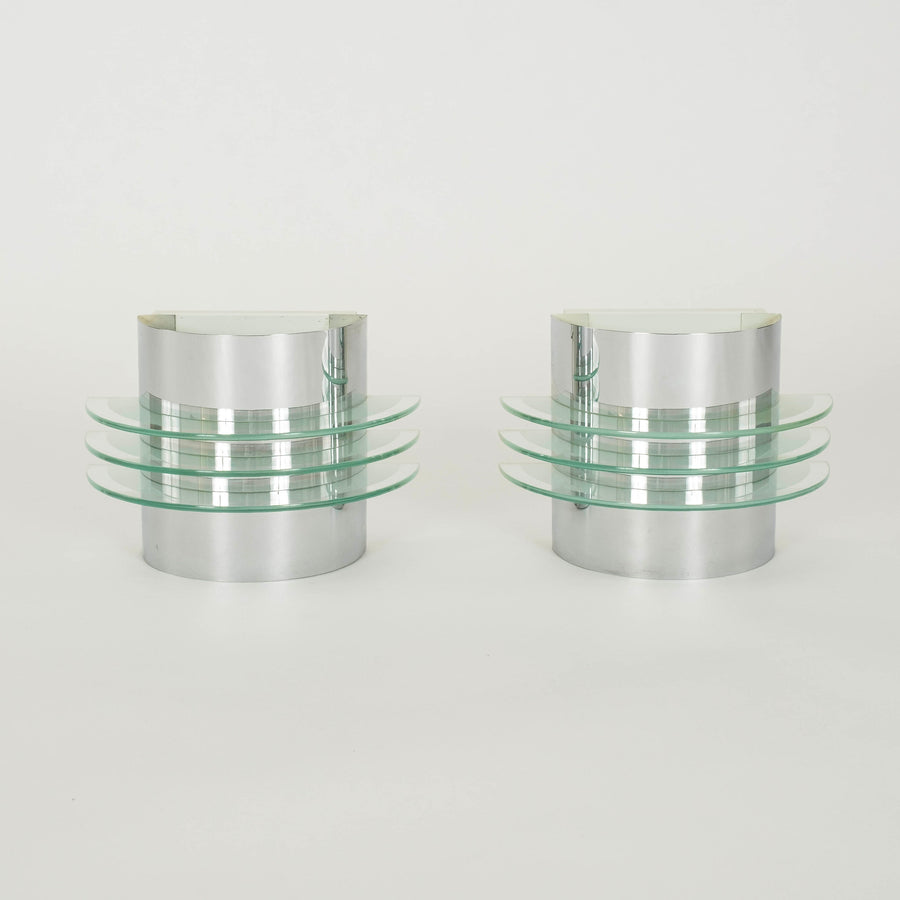 Pair Mid Century Modern Chrome and Glass Sconces