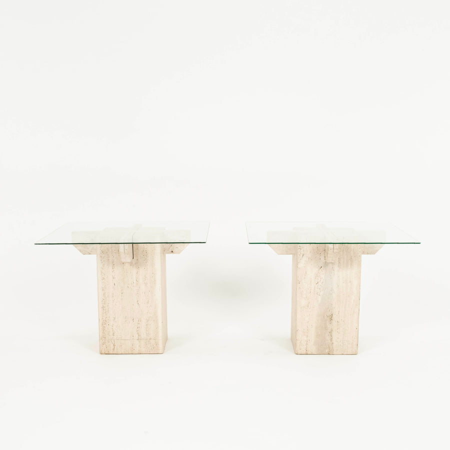 Pair Italian Glass Travertine Side Tables