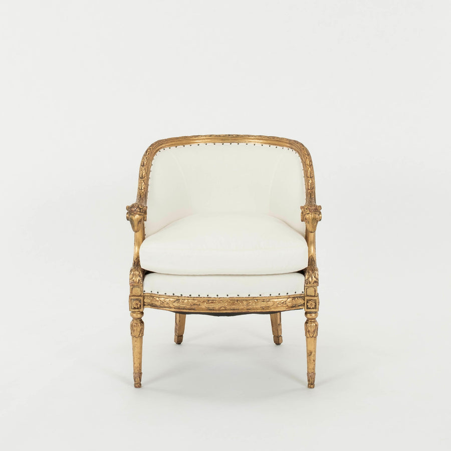Pair 20th Century Empire Style Gold Gilt Ram Heads Bergère Chair