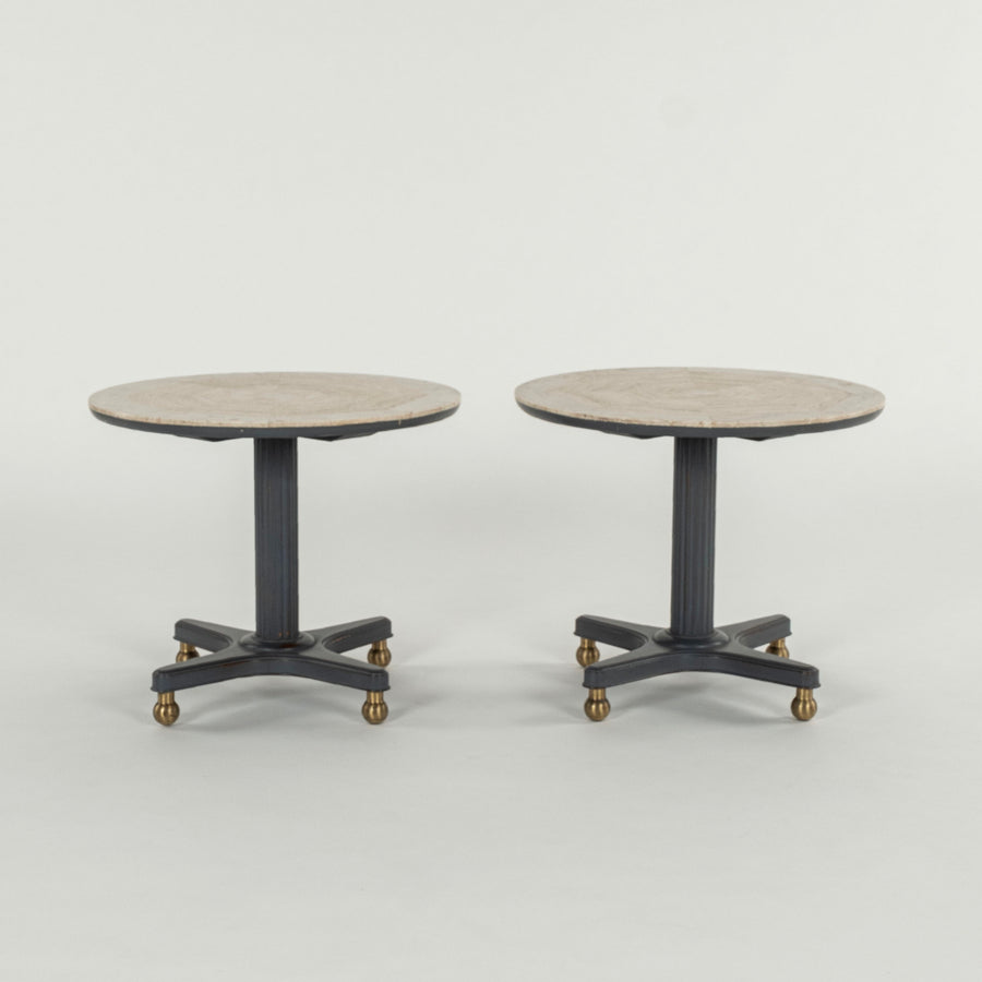 Mid Century Wood Brass Travertine Occasional Tables
