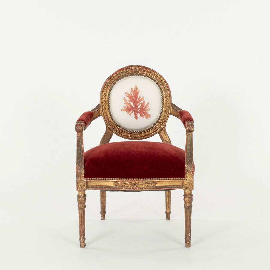 Pair French Louis XVI Style Red Coral  Chairs