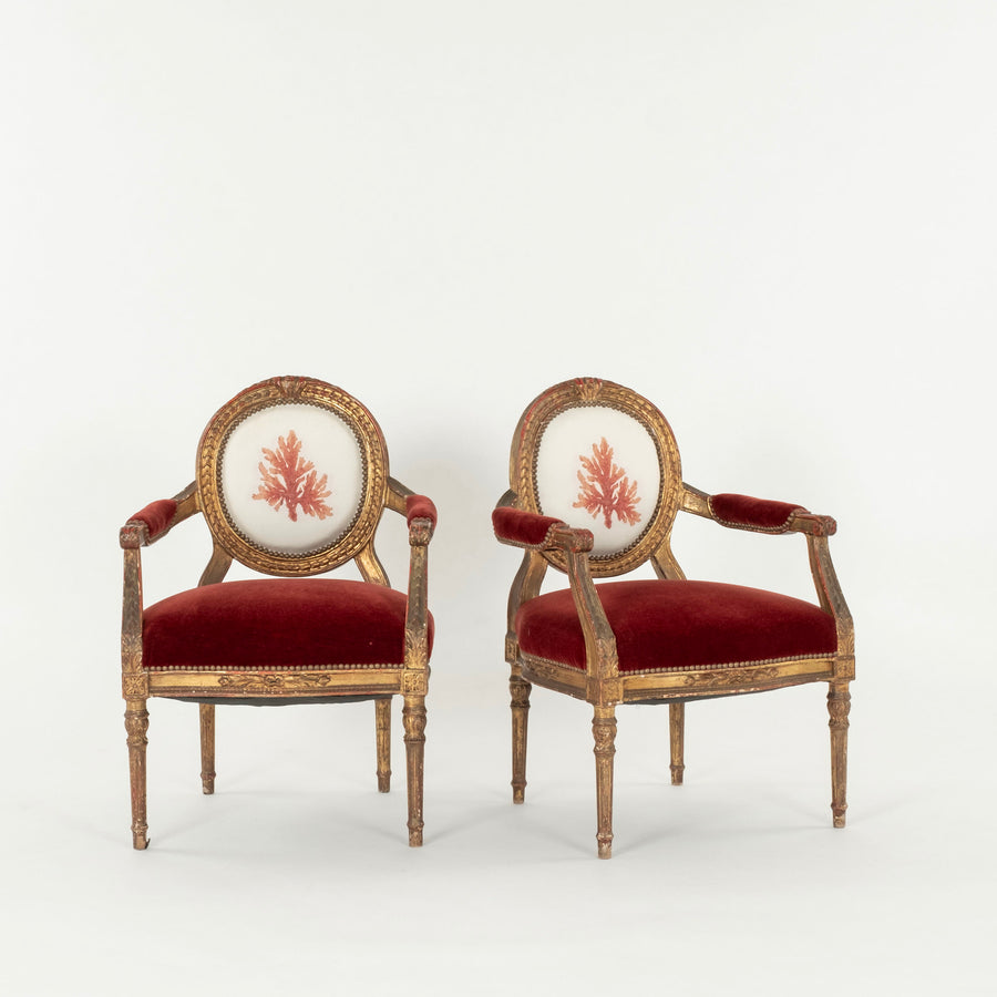 Pair French Louis XVI Style Red Coral  Chairs