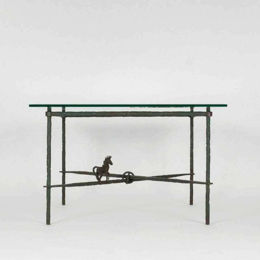 Green Verdigris Horse Wrought Iron Glass Dining Table Attr. Giacometti
