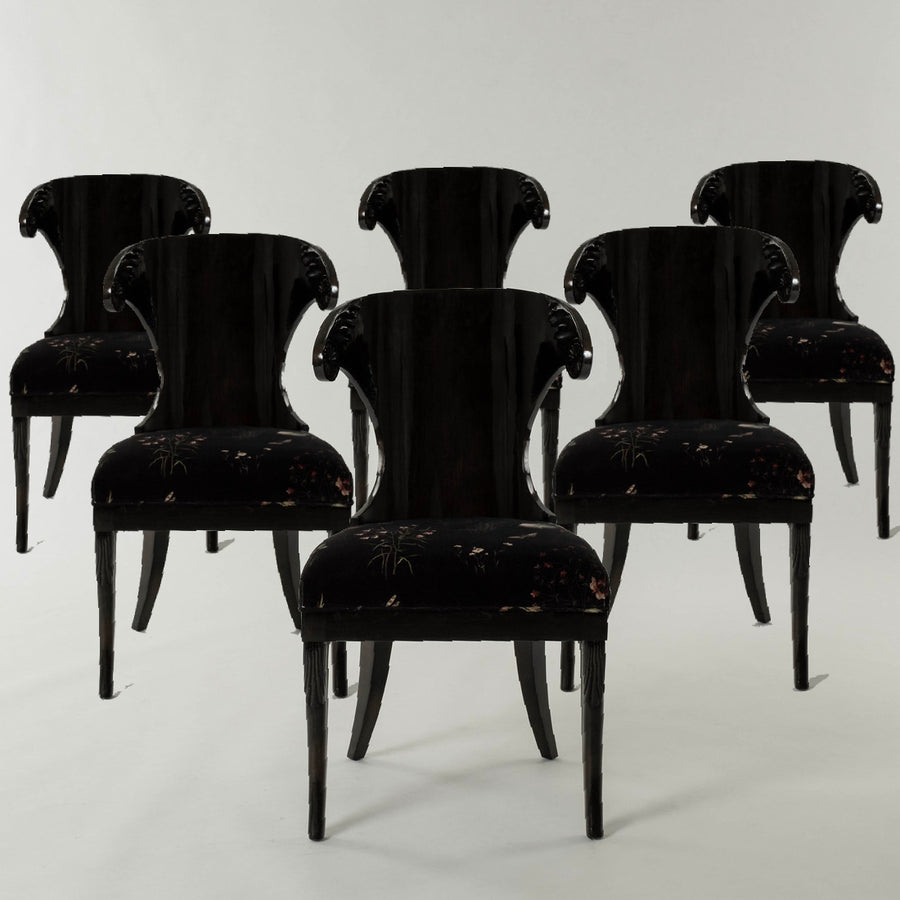 Six Charlap Hyman & Herrero Primavera Black Velvet  Klismos Dining Chairs