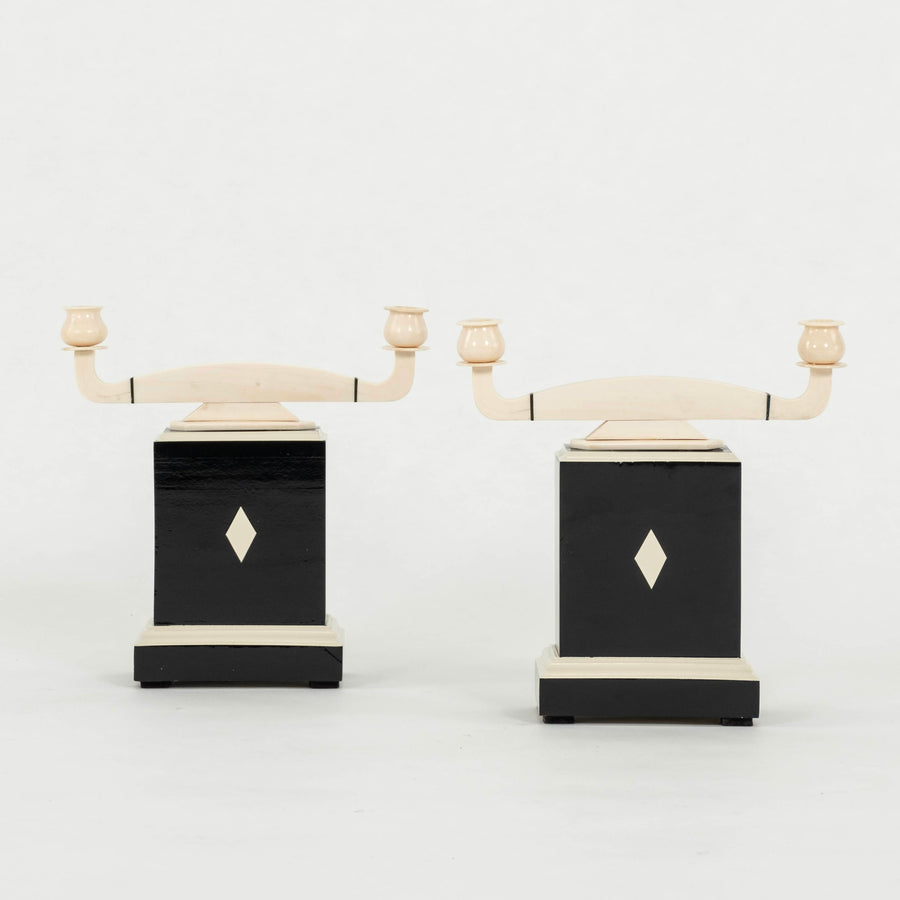 Pair Art Deco Ebony and Faux Ivory Candelabras