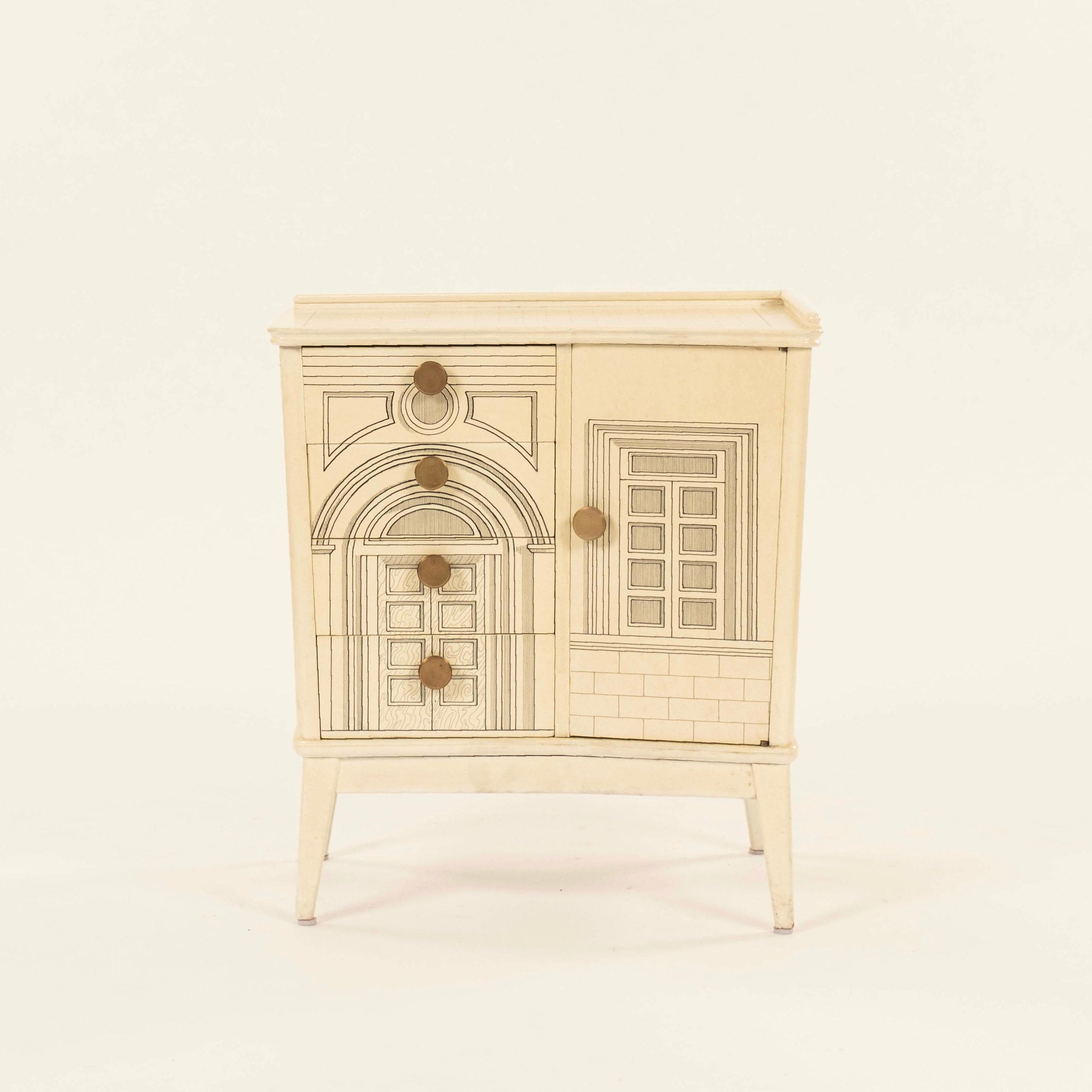 Pair Fornasetti Style Italian Surrealist Architectural Nightstands