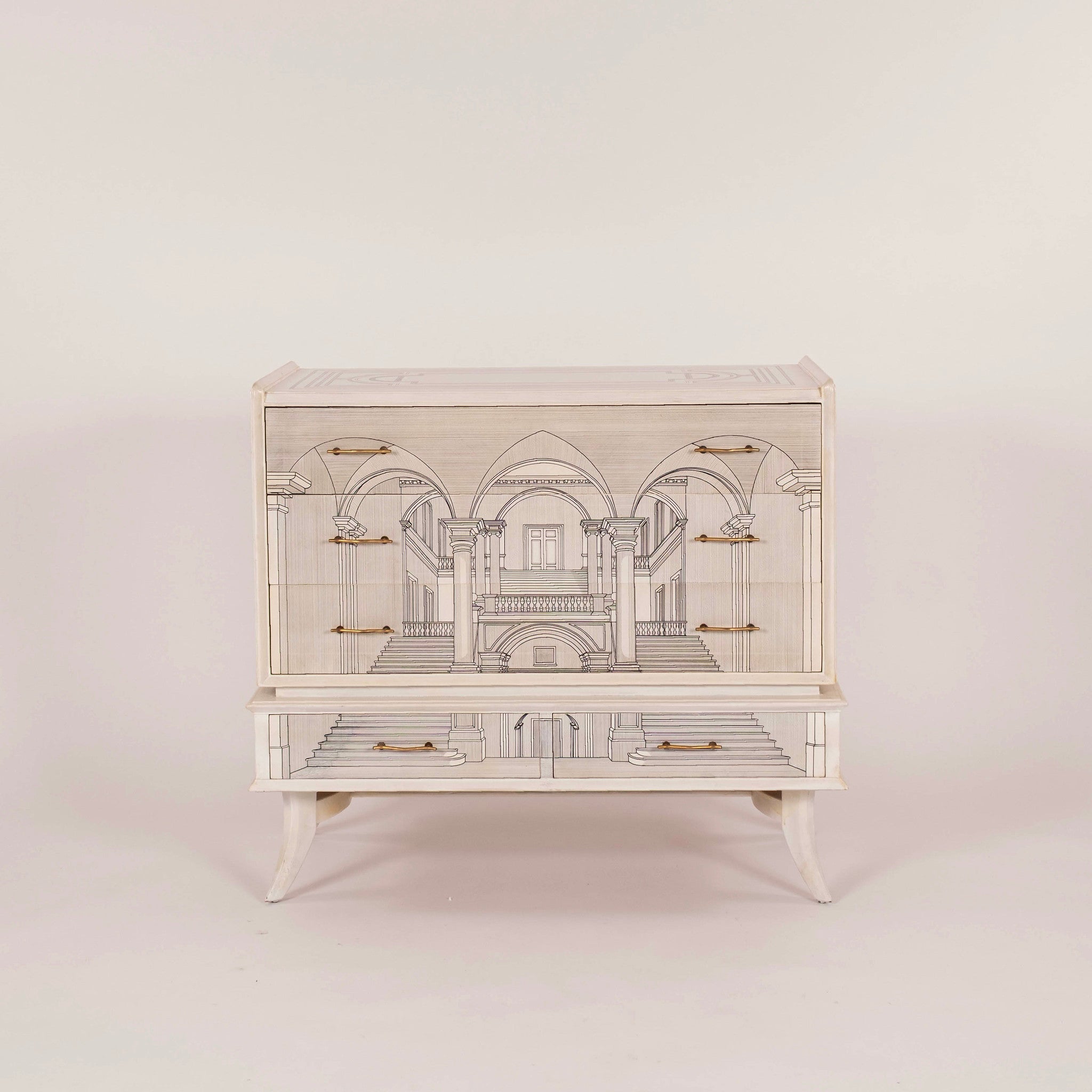 1960s Fornasetti Style Italian Painted Surrealist Architectural Commod ...