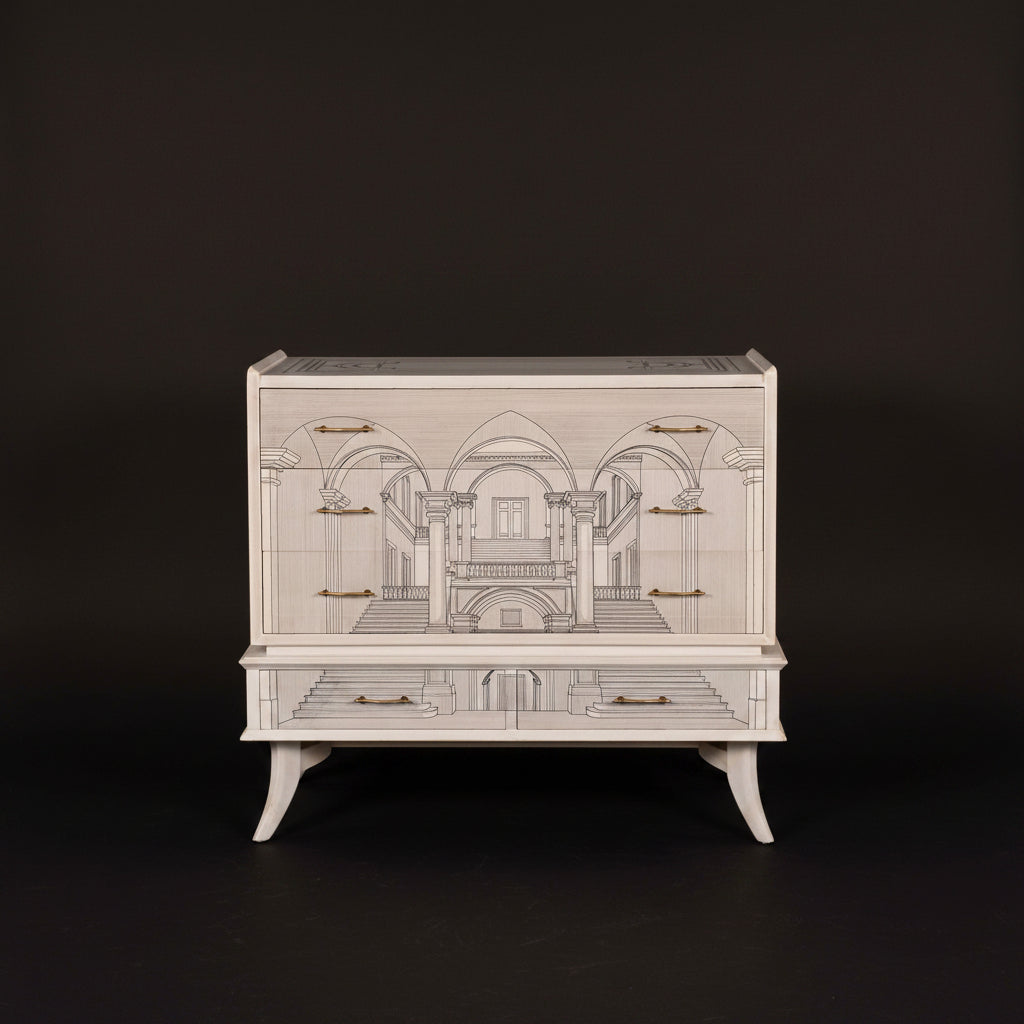 1960s Fornasetti Style Italian Painted Surrealist Architectural Commod ...