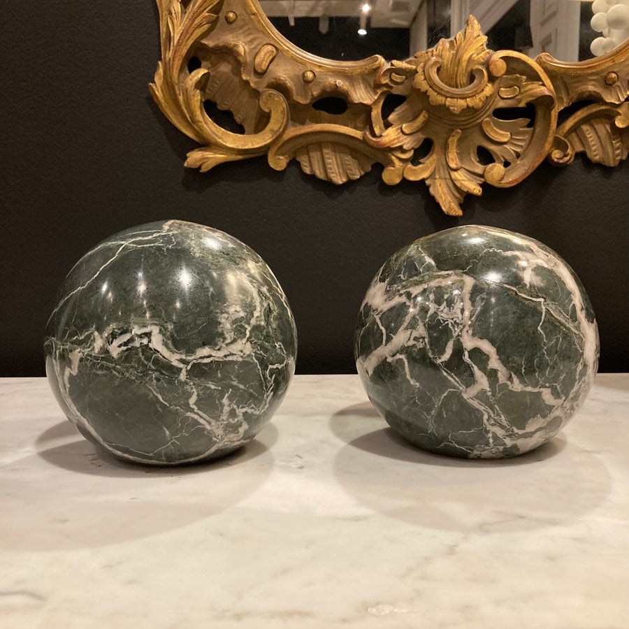 Pair Italian Verde Polcevere Marble Spheres
