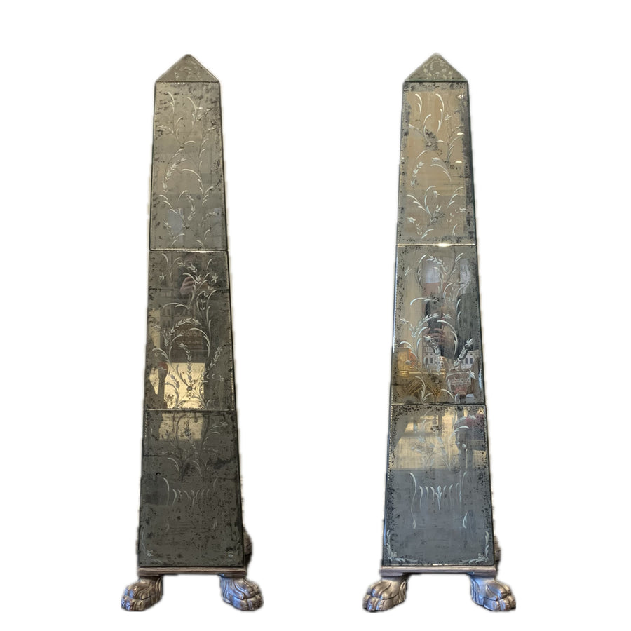 Pair Églomisé Mirrored Obelisks