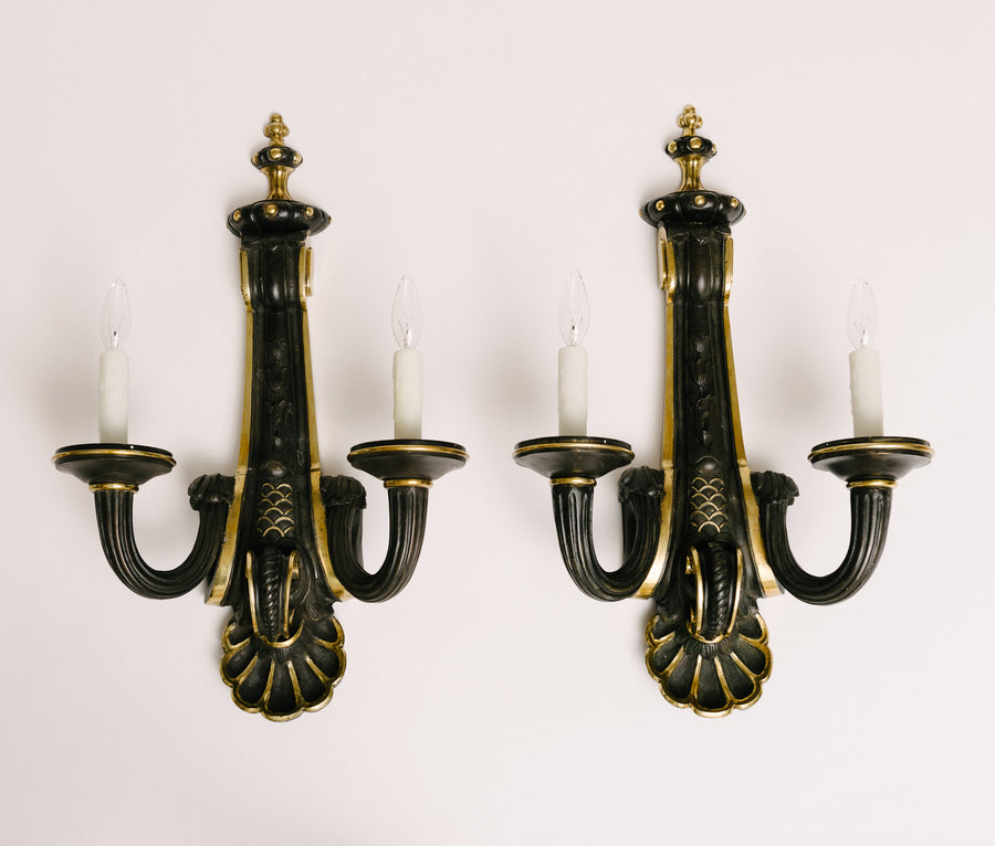 Pair French Neoclassical Black Patinated Bronze Sconces