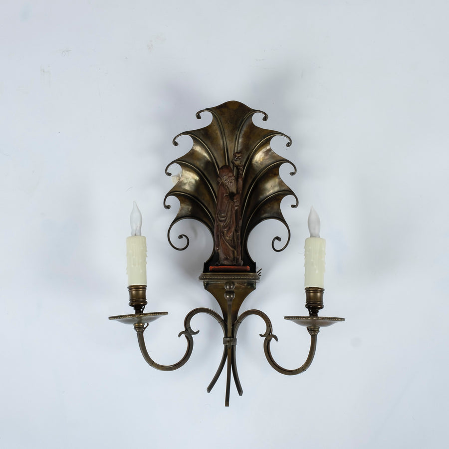 1940s French Bronze Chinoiserie Two Arm Wall Sconces