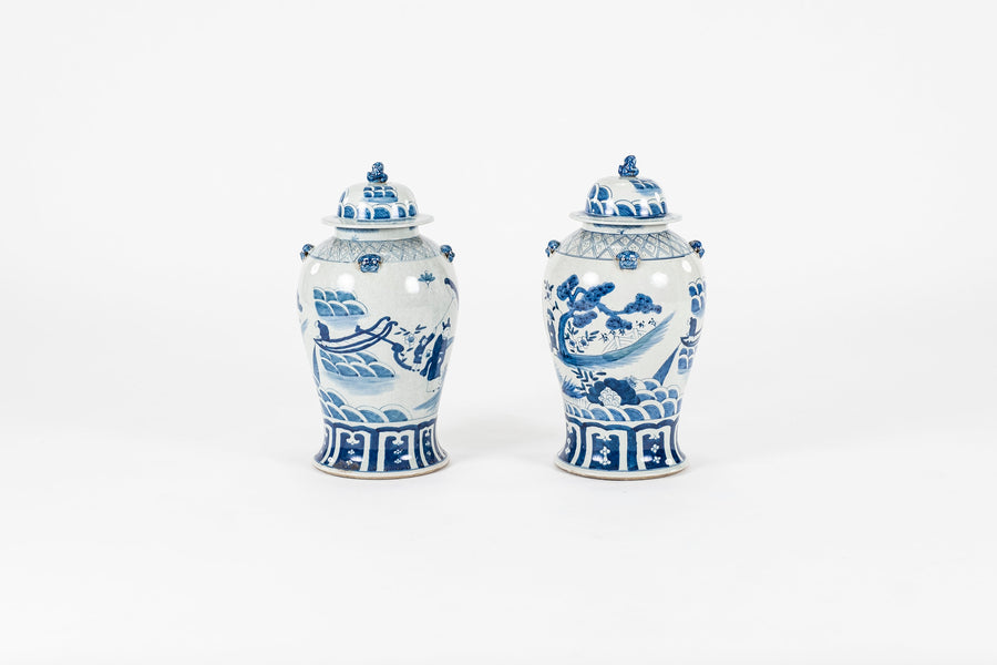 Pair Chinese Blue and White General's Porcelain Jars