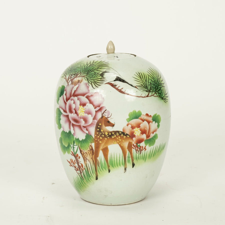 20th Century Chinese Polychrome Deer Lided Jar