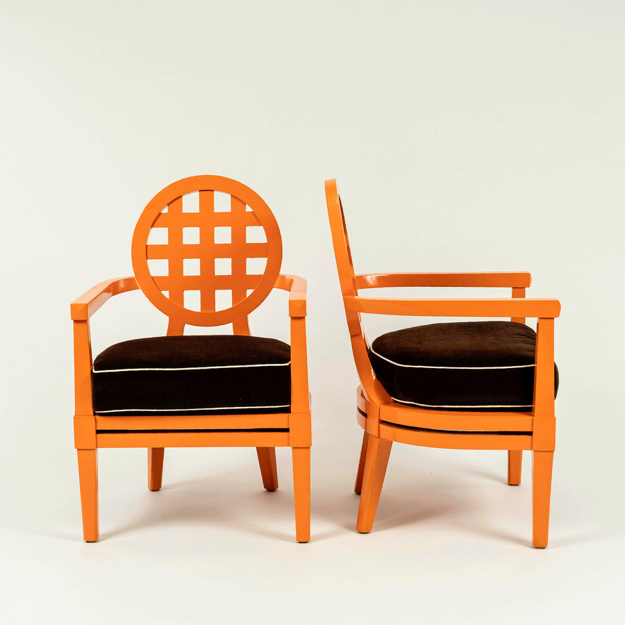 Pair Orange McGuire Teak Portico Armchairs