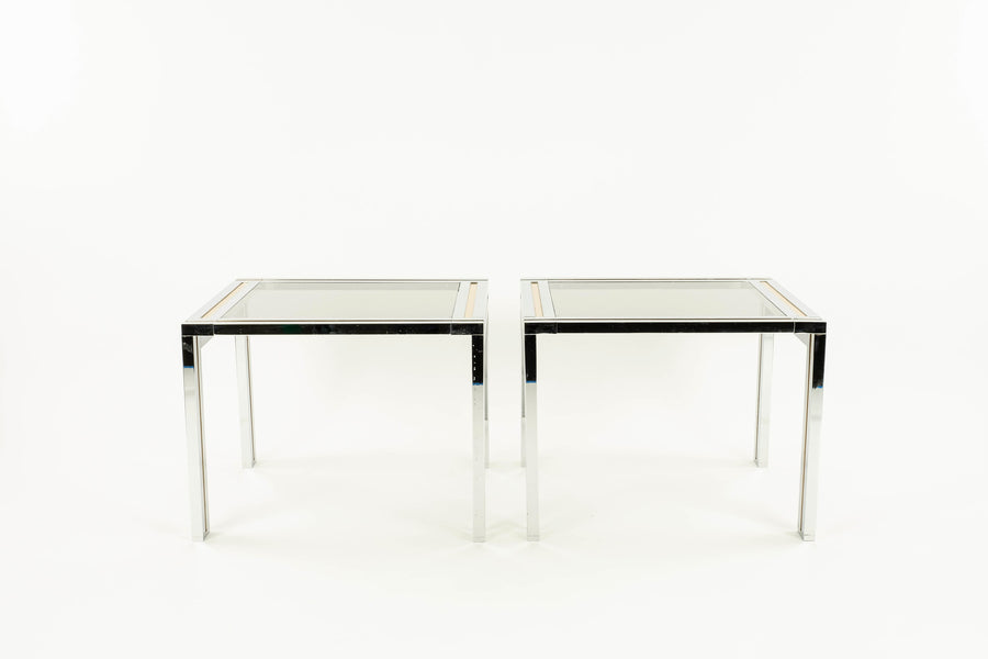Pair Willy Rizzo Brass Chrome and Glass Side Tables