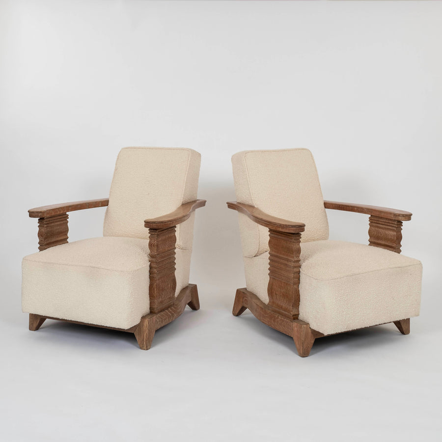 Pair French Art Deco Cerused White Oak Lounge Chairs