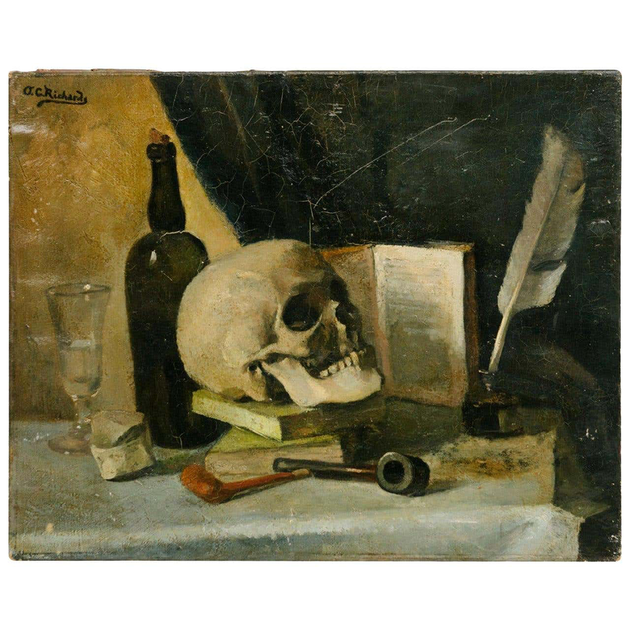 19th Century Signed Orren C. Richards Skull Still Life Oil Painting