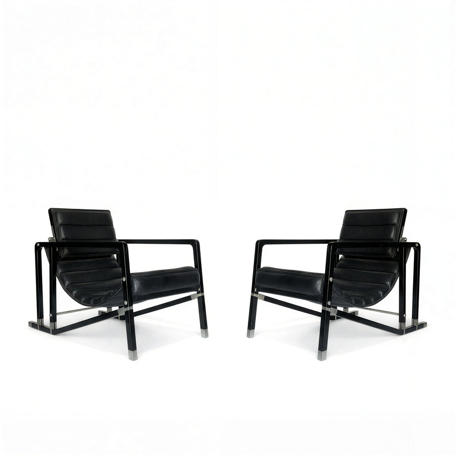 Pair Eileen Gray Ecart International Transat Black Leather Lounge Chairs