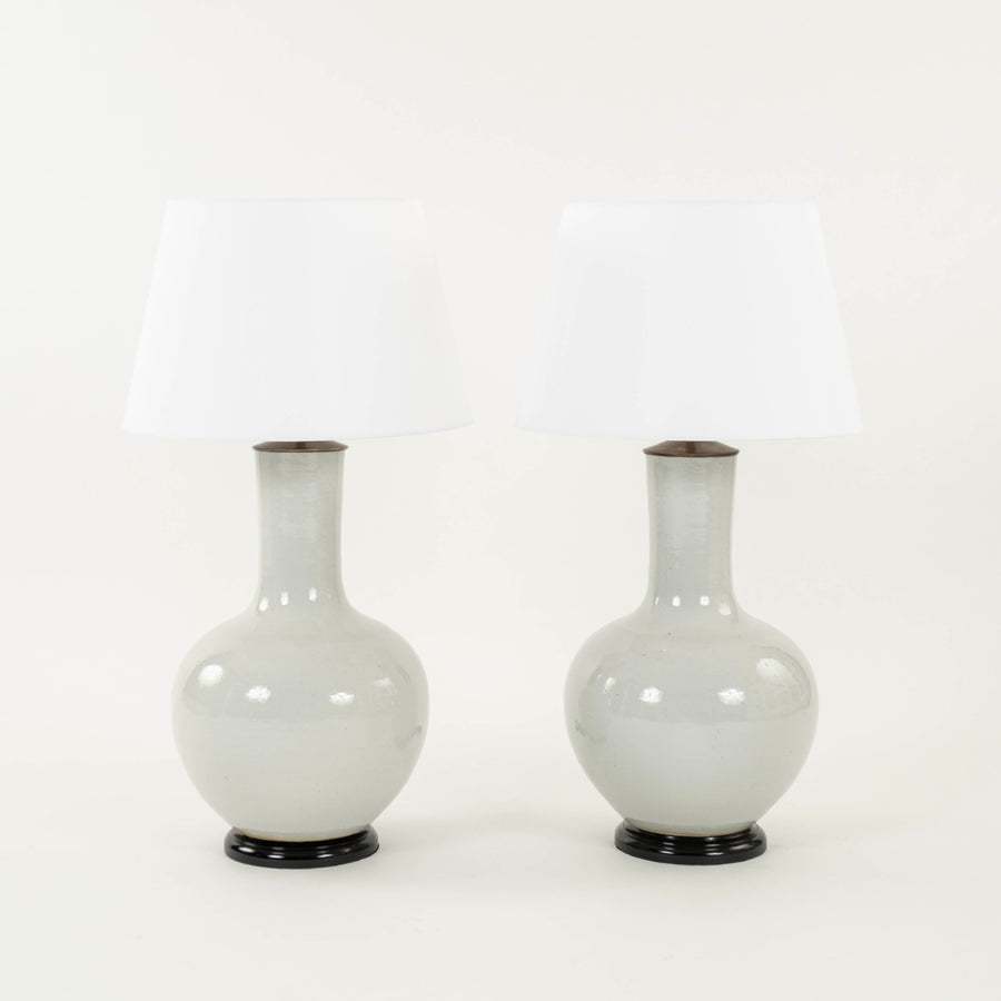 Pair White Glazed Ceramic Gourd Table Lamps