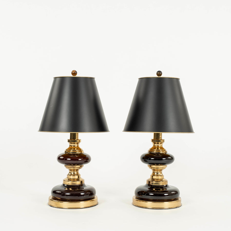 Pair Brass Chocolate Porcelain Lamps