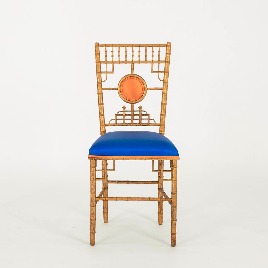 Napoleon III Electric Blue Silk Giltwood Bamboo Chair