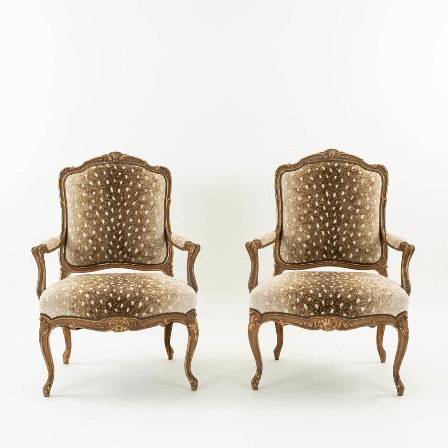 Pair 19th Century Louis XV Style Fawn Axis Woven Velvet Armchair