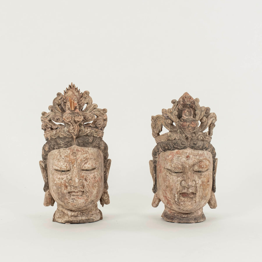Pair 19th Century Quan Yin Temple  Heads