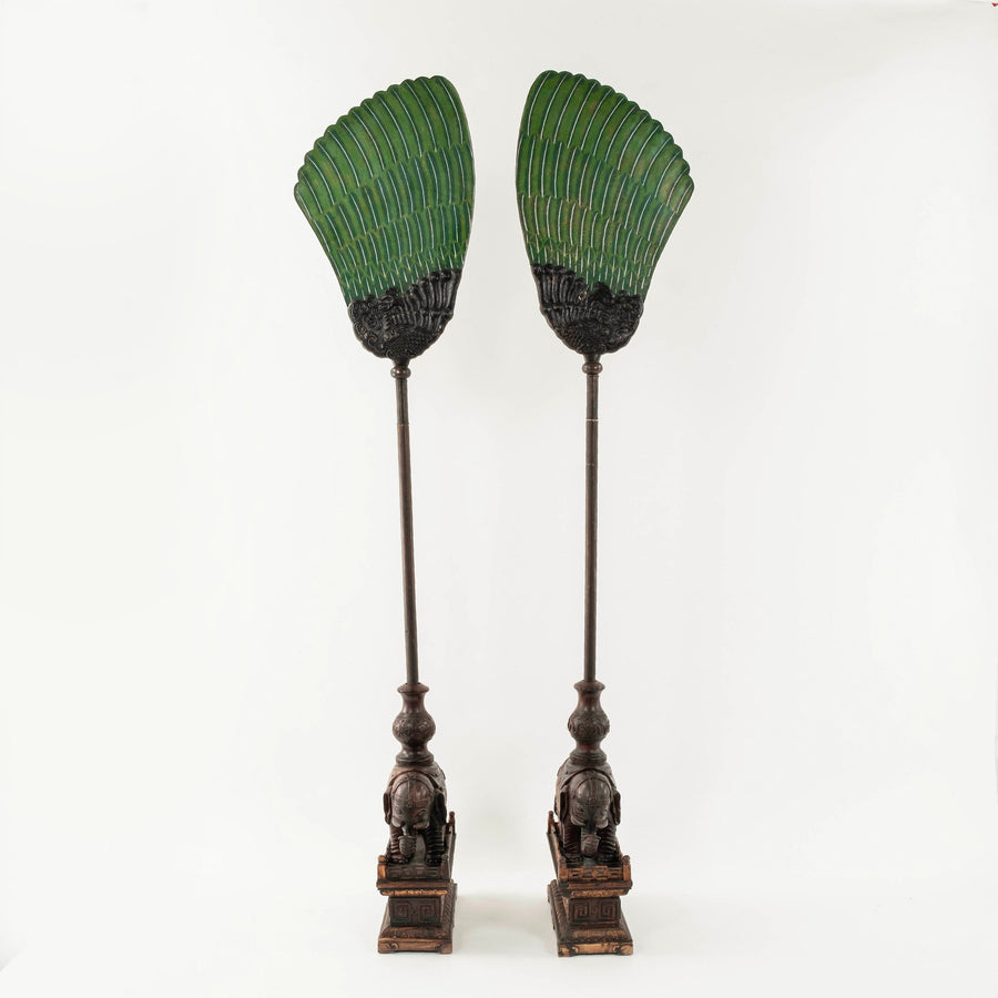 Pair 19th Century Chinese Carved Zitan Elephants Bronze Cloisonné Royal Palm Fans