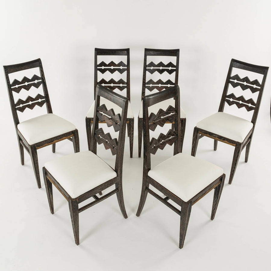Set Six 1940s Cerused Oak Brass Dining Chairs