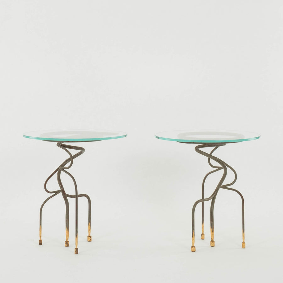 Pair Steel Brass Glass Snake Style Tables