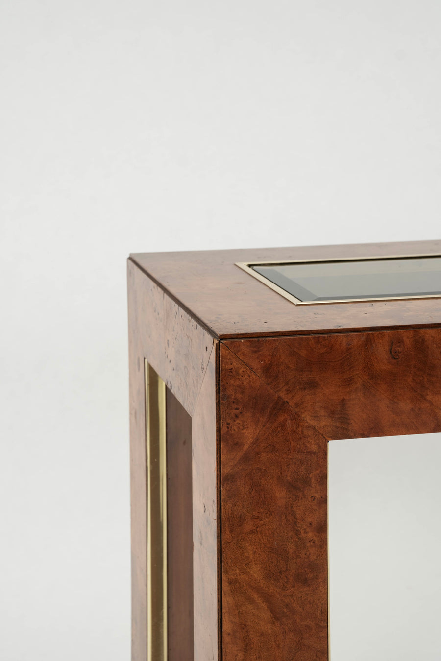 Glass and Burl Wood Console Table