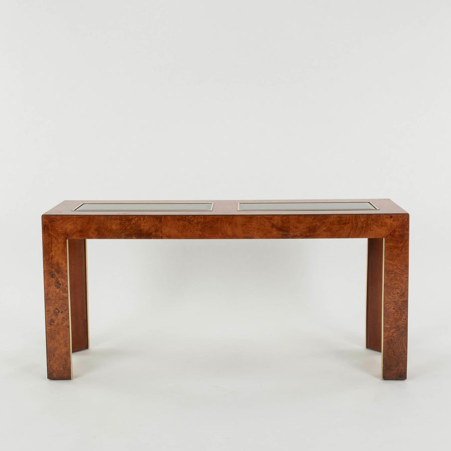 Glass and Burl Wood Console Table