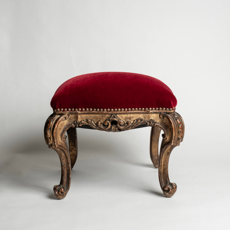 Pair 19th Century Louis XV Style Gold Giltwood Rouge Red Mohair Tabourets