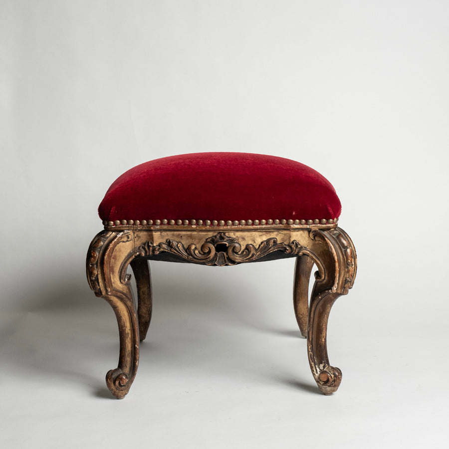 Pair 19th Century Louis XV Style Gold Giltwood Rouge Red Mohair Tabourets