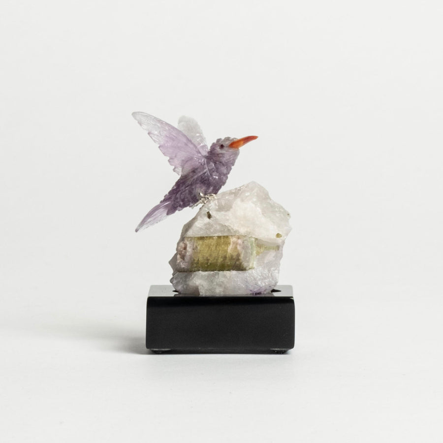 Amethyst Humming Bird on White Granite and Tourmaline Base 2479