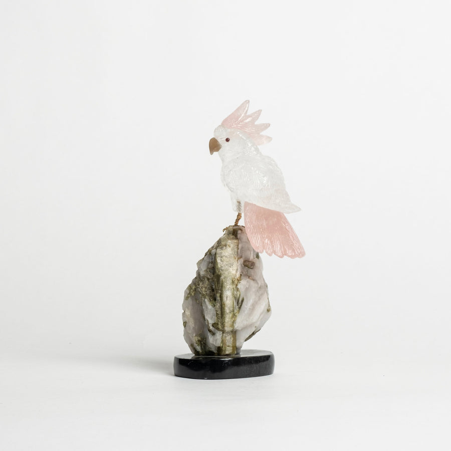 Quartz Cockatiel on White Granite and Tourmaline 2481