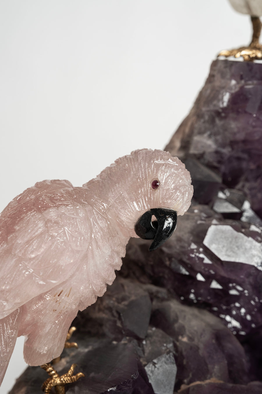 Pair Quartz Parrots on Amethyst Base