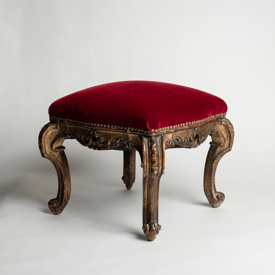 Pair 19th Century Giltwood Rouge Mohair Tabourets