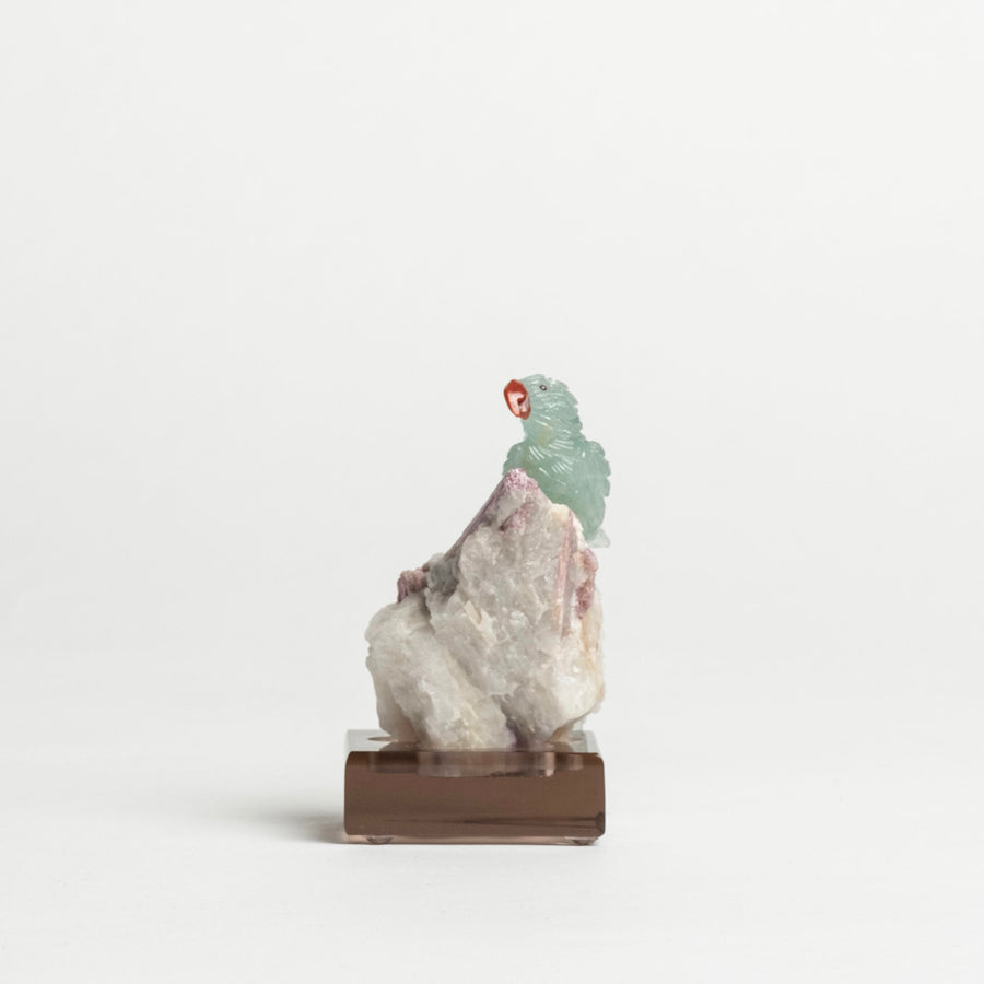 Green Parrot on Quartz Base