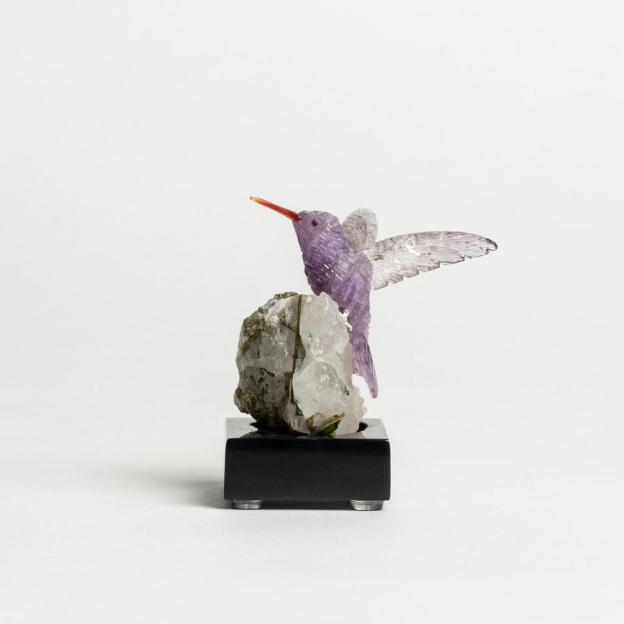 Amethyst Humming Bird on White Granite and Tourmaline Base