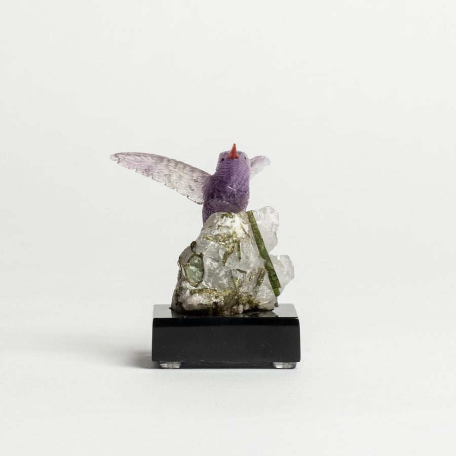 Amethyst Humming Bird on White Granite and Tourmaline Base