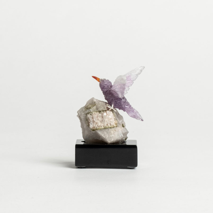 Amethyst Humming Bird on White Granite and Tourmaline Base 2479