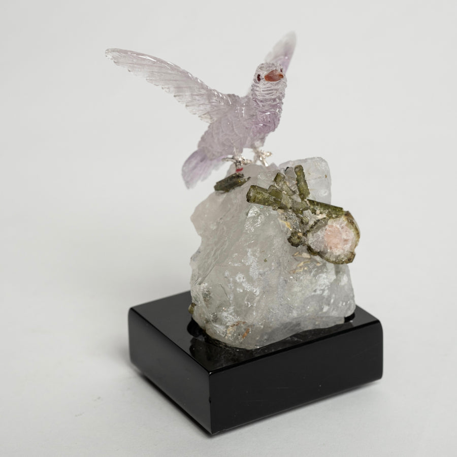 Pink Quartz Hummingbird on Tourmaline and Quartz Base